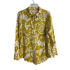 Boden Women Yellow White Floral Linen Button Down Shirt Size US 4R Coastal